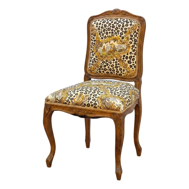 1950s French Carved Oak Chair in Brunschwig & Fils Chinoiserie Leopard Fabric For Sale