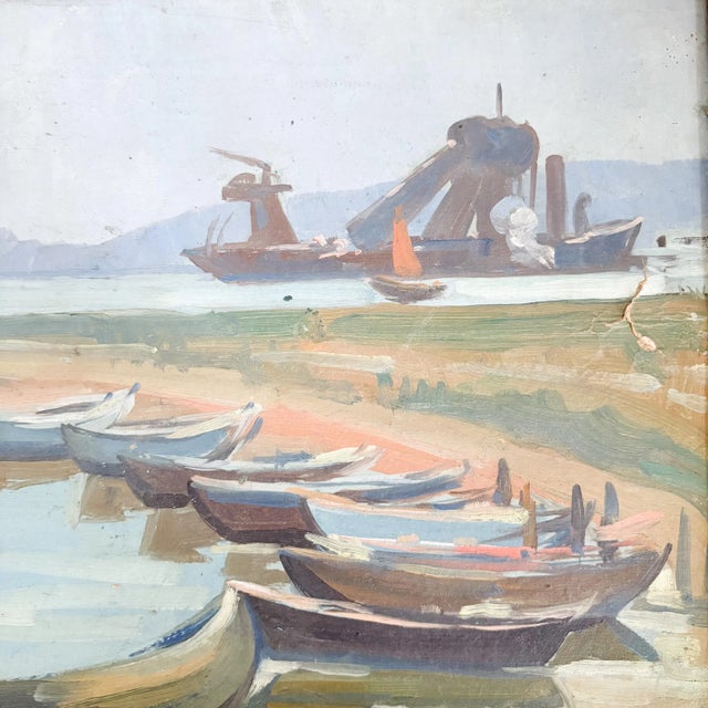 French Weathered Signed French Harbor Painting: Vintage Port Scene in Gilt Frame, 1926 For Sale - Image 3 of 10