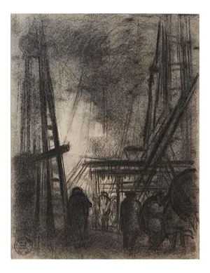 Dark City - Original Charcoal Drawing by S. Goldberg - Mid 20th Century Mid 20th Century