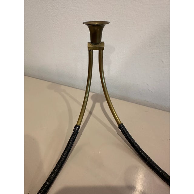 Four Mid-Century Modern Brass and Leather Candelabra For Sale - Image 4 of 12