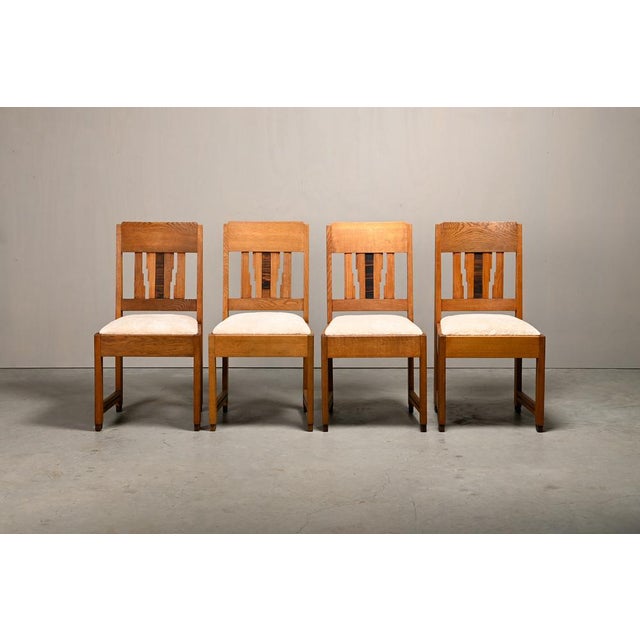 Dutch Art Deco Amsterdam School Dining Chairs in Oak and Light Fabric, 1930s, Set of 4 For Sale - Image 13 of 16