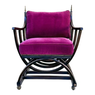 Side Chair: Vintage Occasional Chair: Ebonized Wood, Castors. Newly Upholstered . Savonarola Style. New Textile : Performance Corduroy Velvet Magenta For Sale