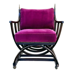 Side Chair: Vintage Occasional Chair: Ebonized Wood W/New Upholstery. Savonarola Style, on Castors, Textile: Performance Magenta Corduroy Velvet.