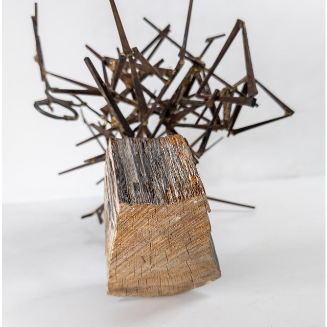 Mid-Century Modern Brutalist Abstract Nail Sculpture on Wood Base For Sale - Image 11 of 12