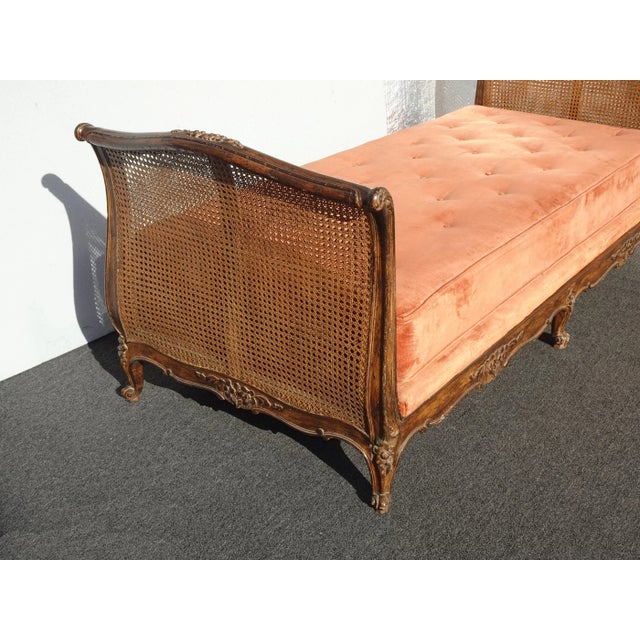 Vintage French Louis XVI Daybed ~ Cane Bed W Orange Velvet ~ Chaise Lounge For Sale In Los Angeles - Image 6 of 12