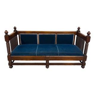Antique Jacobean Revival Blue Velvet Upholstered Oak Hall Settee Daybed Bench For Sale