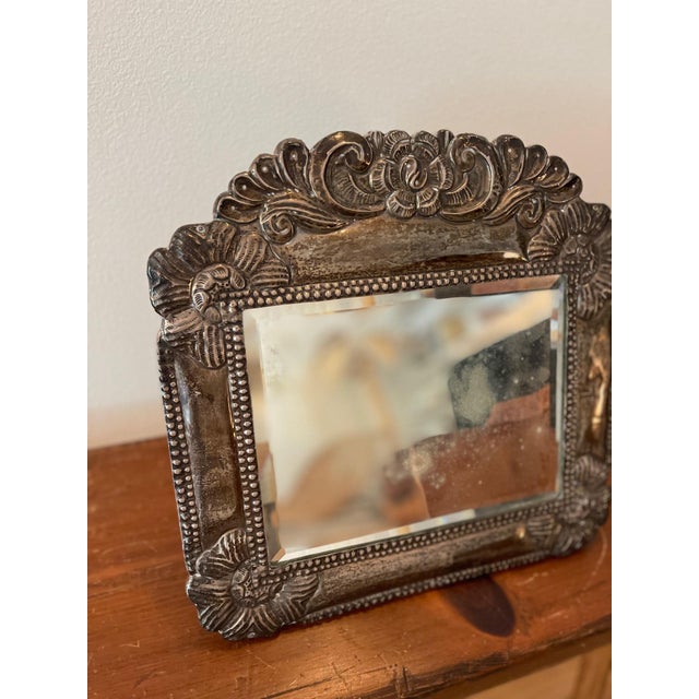 Art Deco 1930s Fleur Motif Pewter Mirror With Stand For Sale - Image 3 of 6