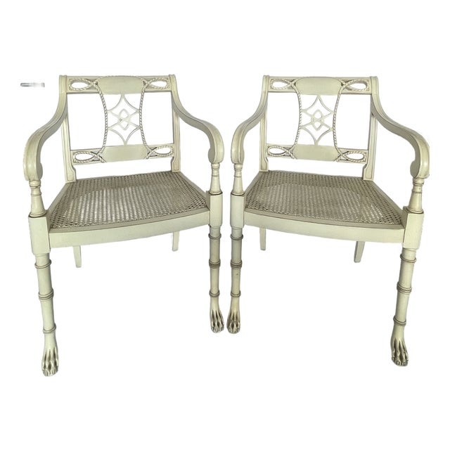 Pair Hollywood Regency Style Cane Seat Chairs, Paw Feet, American For Sale