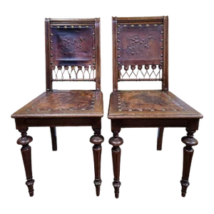 Early 1900's French Embossed Leather Hall Chairs- a Pair