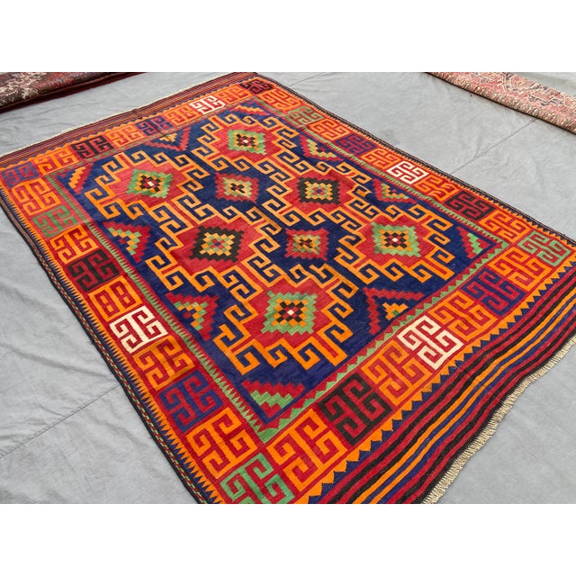 2000 - 2009 Maimana Kilim Area Rug, Handwoven Wool, 7x10, Indigo & Orange For Sale - Image 5 of 12