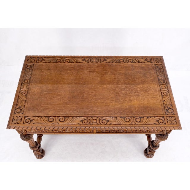 Brown Heavily Fine Carved Oak Small Partners Desk Console Writing Table Mint For Sale - Image 8 of 18
