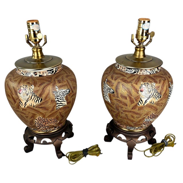 Vintage Oriental Accent Jungle Ginger Jar Table Lamps, Tiger Zebra Leopard — A Pair For Sale - Image 10 of 12