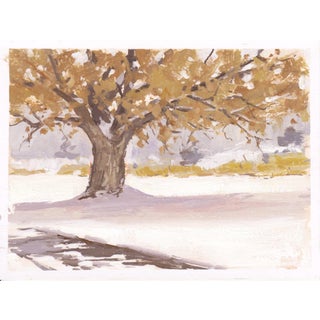 016 - Plein Air-Englewood, CO, 3/6/22 by Judd Mercer | Gouache Painting of a snowy landscape with a tree For Sale