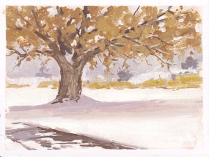 016 - Plein Air-Englewood, CO, 3/6/22 by Judd Mercer | Gouache Painting of a snowy landscape with a tree