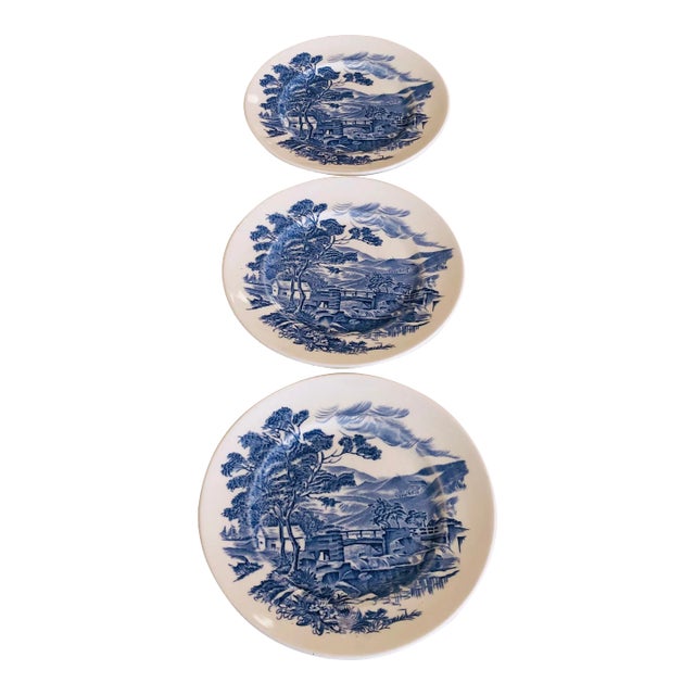 Vintage Country Side Enoch Wedgwood Hand Painted Blue & White Plates S/3 For Sale