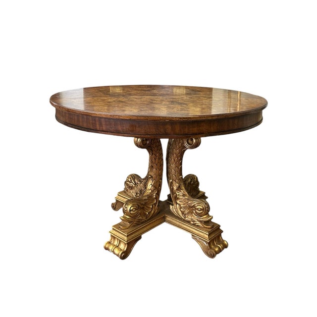 Traditional Mid 20th Century Impressive Regency Burled Fruitwood Pedestal Center Table With Gilded Dolphin Base For Sale - Image 3 of 14