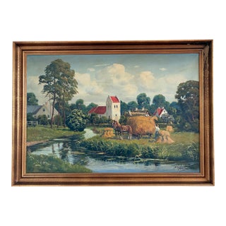 Vintage Original Large Landscape Oil Painting, Signed Countryside Art For Sale