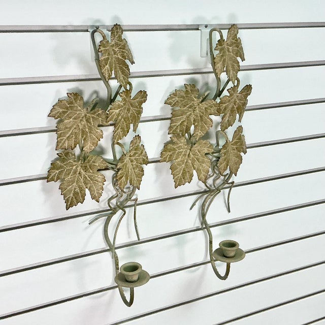 1950s Vintage Italian Rustic European Tole Leaf Candle Sconces - A Pair. For Sale - Image 13 of 13