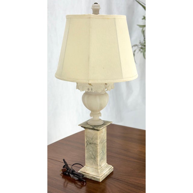 Early 20th Century Carved Alabaster Grapes Leaf Motive Urn Shape Square Mable Base Table Lamp MINT! For Sale - Image 5 of 9