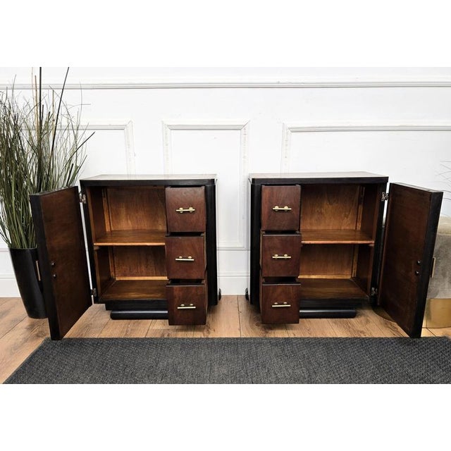 Black Italian Art Deco Bedside Tables in Wood and Brass, 1940s, Set of 2 For Sale - Image 8 of 12