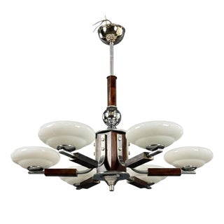 Art Deco Chrome and Wood Chandelier with Glass Shades, 1930s For Sale