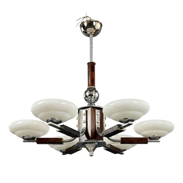 Art Deco Chrome and Wood Chandelier with Glass Shades, 1930s For Sale