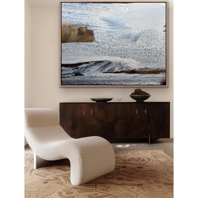 This original abstract seascape is neutral and will suit a wide variety of decor. It includes a maple wood frame