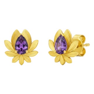 Pear-Cut Amethyst Lutus Flower Earrings Studs, Silver, Gold, Pair For Sale