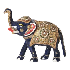 Ornate Blue Gold Elephant Statue Embellished With Stone Jewels