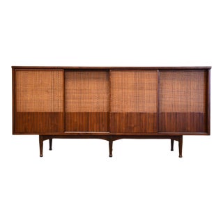 Mid Century Modern Walnut and Cane Credenza For Sale