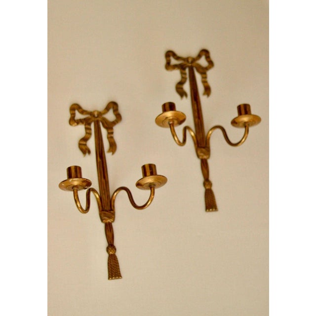 Vintage French Brass Double Arm Bow Sconces, Set of 2 For Sale - Image 9 of 13