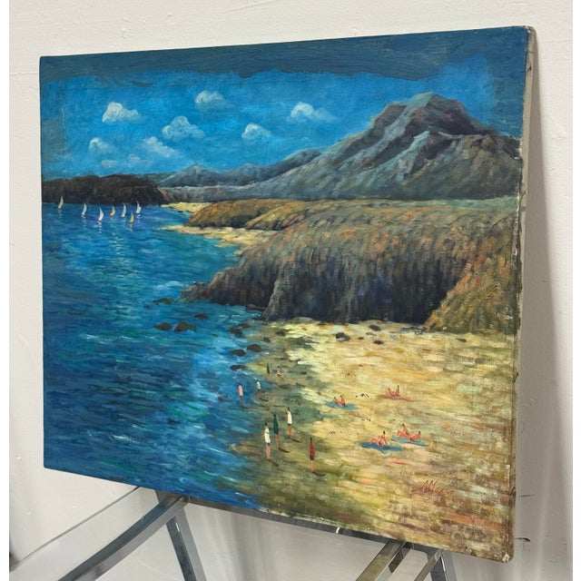 Design Plus Gallery presents a Coastal Beach Scene Painting on Canvas Signed by artist Alfonso. This coastal composition...