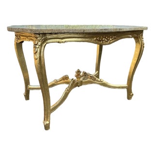 1940s Artisan Louis XVI Gold Beech Marble Coffee Table For Sale