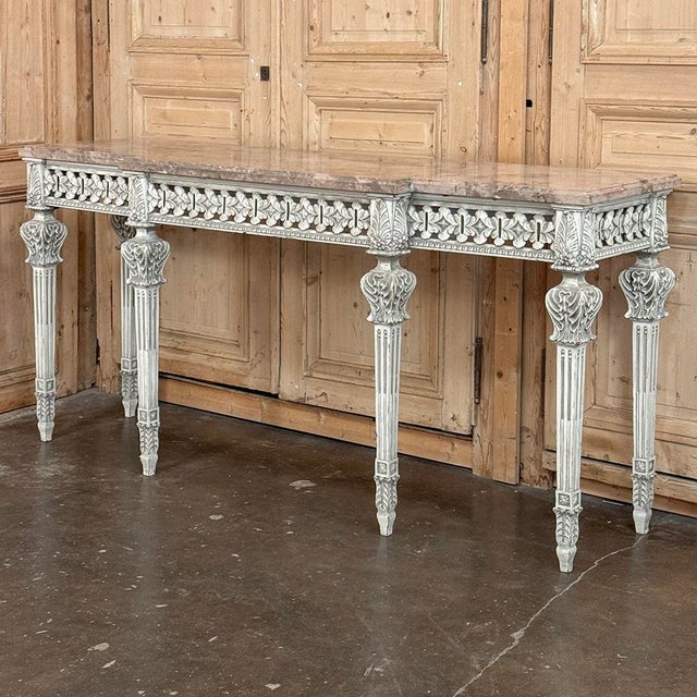 Mid 20th Century Grand Neoclassical Italian Painted and Carved Wood Console With Marble Top ~ Louis XVI Style For Sale - Image 5 of 18