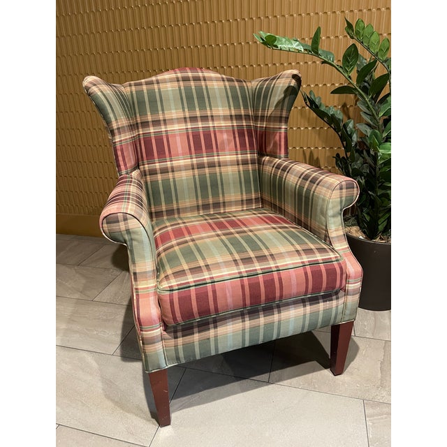 Wood Custom Calico Corners Tartan Plaid & Wood Wingback Chairs, English Country - A Pair For Sale - Image 7 of 12