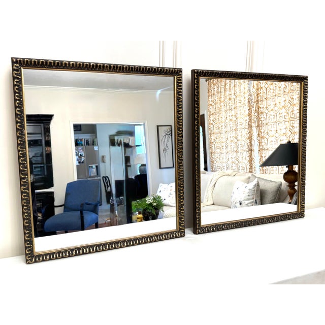 Late 20th Century Rococo Revival Ebonized Black & Gold Square Wood Mirrors, a Pair For Sale - Image 5 of 9