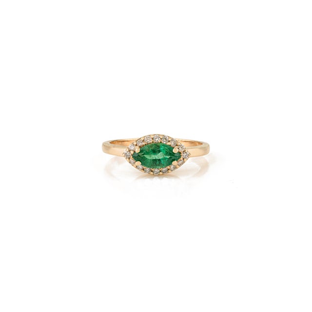 Contemporary Art Deco High Quality Zambian Emerald Halo Diamond Ring Size 7 in 14k Gold For Sale - Image 3 of 17