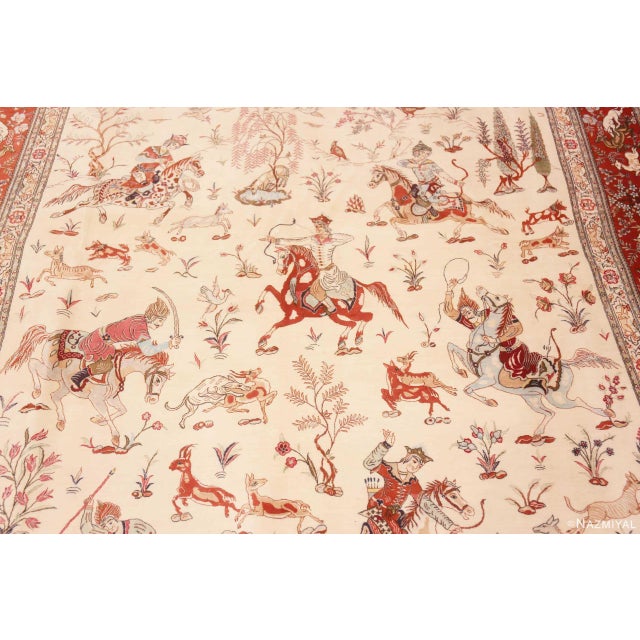 Textile Nazmiyal Collection Hunting Scene Persian Silk Qum Rug For Sale - Image 7 of 8
