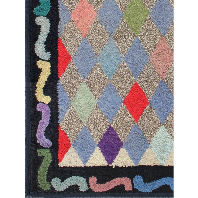 American American Hooked Rug With Colorful All-Over Diamond Design With Charcoal Border For Sale - Image 3 of 9