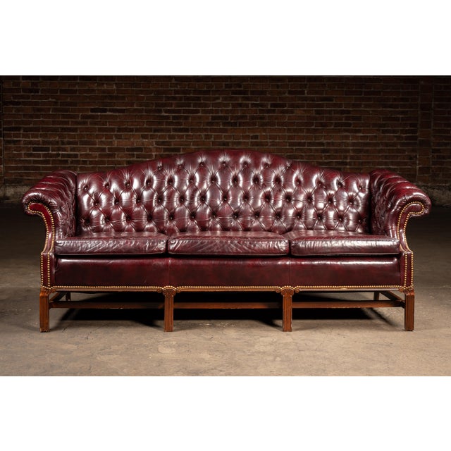 Chippendale Vintage Chippendale-Style Camelback Chesterfield Leather Sofa in Oxblood For Sale - Image 3 of 12