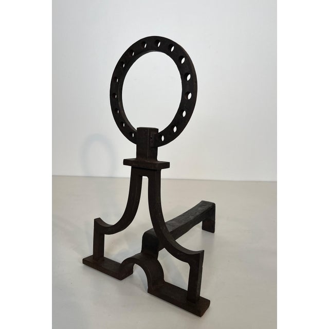 Black Pair of modernist wrought iron andirons in the style of Gilbert Poillerat For Sale - Image 8 of 12