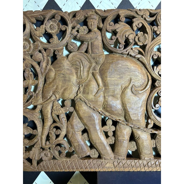 1970s Hand-Carved Thai Teak Elephant & Rider Wall Panel With Floral Openwork, Large 36" For Sale - Image 5 of 13