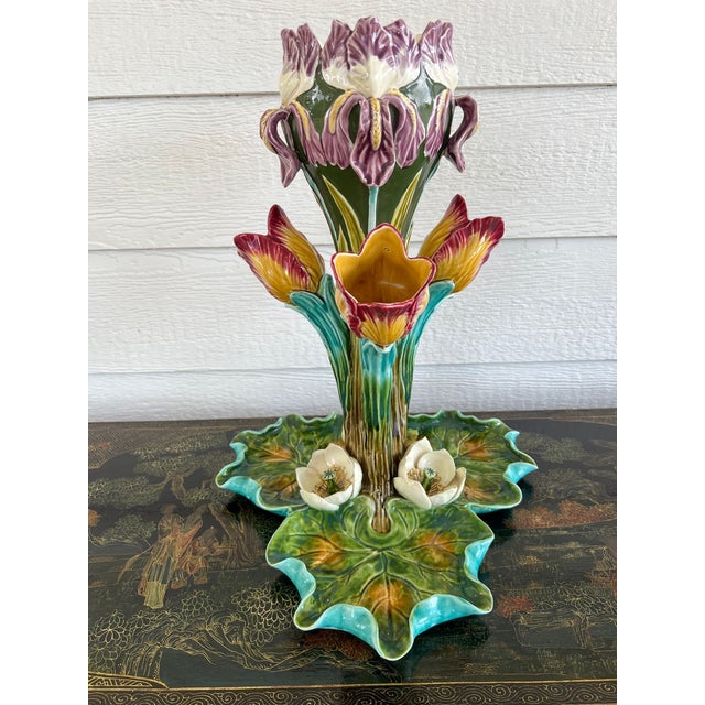 Antique French Majolica Vase Centerpiece Onnaing Art Nouveau Iris Tulip C1900 For Sale - Image 15 of 18