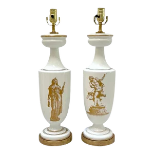 19th C French Neoclassical Gilt Opaline Glass Lamps 'Venus & Neptune' - a Pair