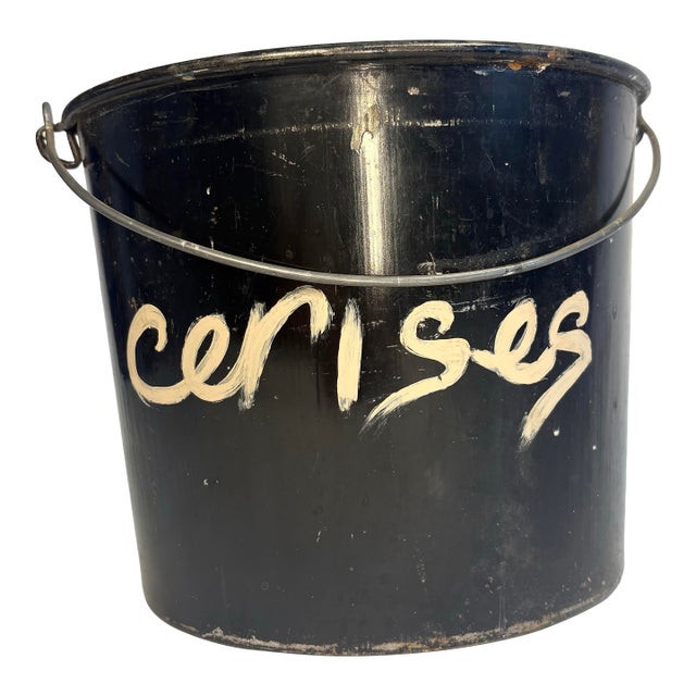 Vintage French Country Style Metal Bucket - "Cerises" For Sale