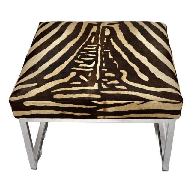 Cow Hide in Zebra Pattern Upholstered Bench Stool With Chrome Legs For Sale