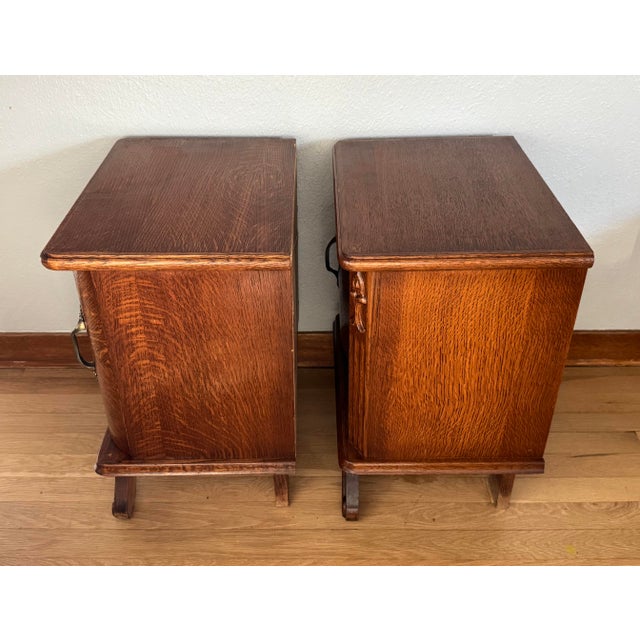 1920s Exceptional Pair of Carved Tiger Oak Art Deco Nightstands For Sale - Image 9 of 16