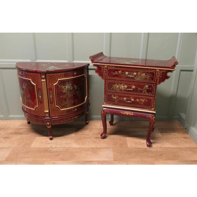 Paint Chinoiserie Red Demi Lune Vestibule Cabinet, 1980 For Sale - Image 7 of 8