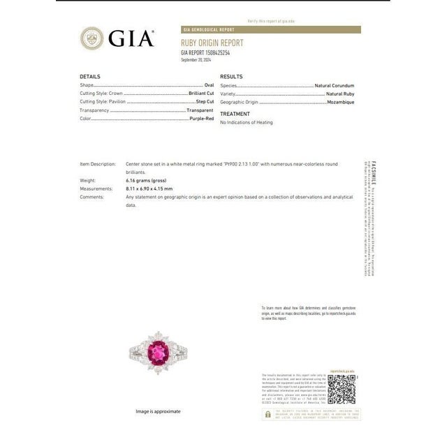 Metal 2.13 Carat No-Heat Ruby Diamond Platinum Halo Ring, Gia Certified, Size 5.75 For Sale - Image 7 of 8