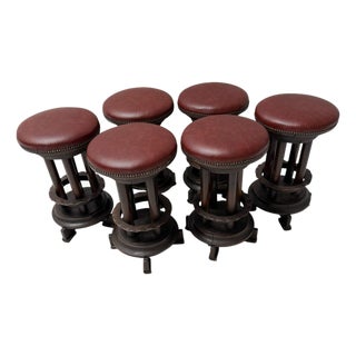 Vintage Art Deco Amsterdamse School Stools with Leather Tops, 1920s, Set of 6 For Sale